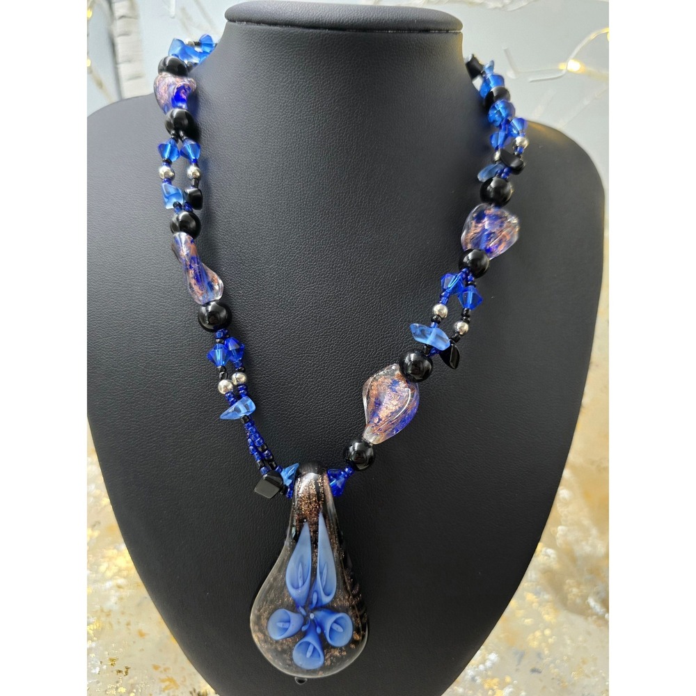 Blue Flower Artisan Glass Beaded Necklac